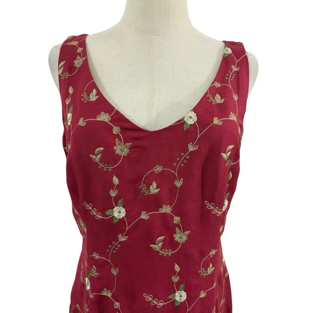 Vtg 90s Maggie London‎ Linen Blend Red Dress Sheath Embroidered Floral Sz 8 Y2K